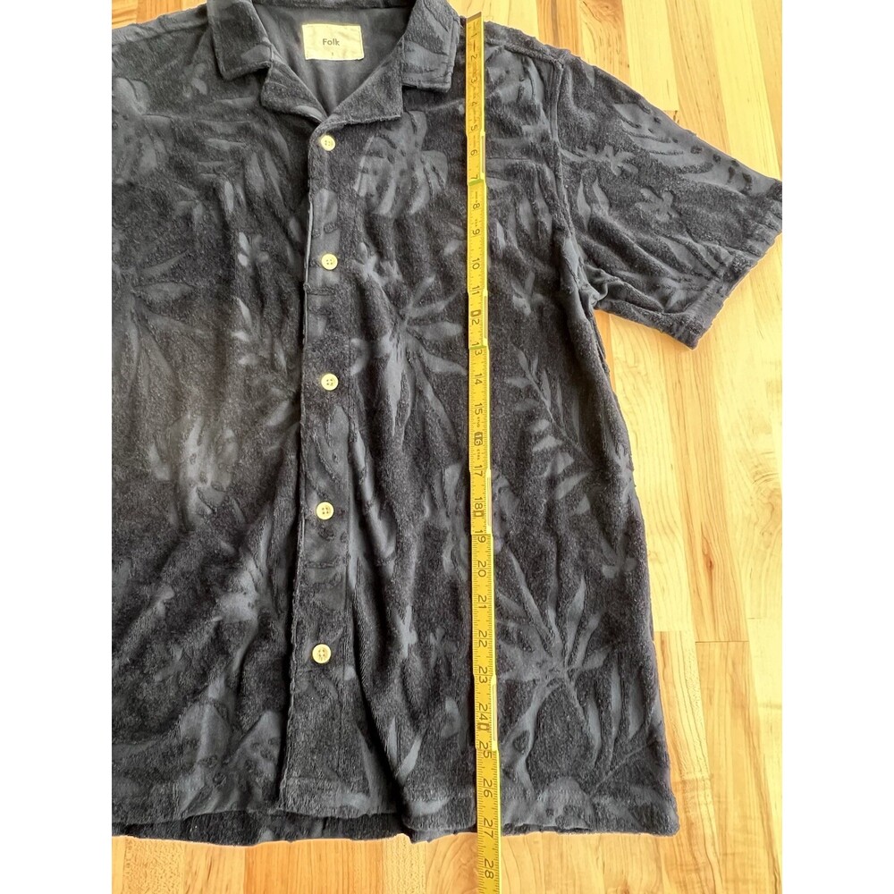 Folk Men's Textured Terry Cloth Button Up Tropical Print Navy Size 3, Medium - Picture 7 of 7